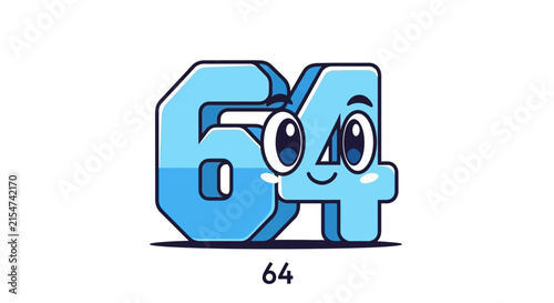 Cute Cartoon Number 64 Character, Funny Face, Blue Gradient, Isolated
