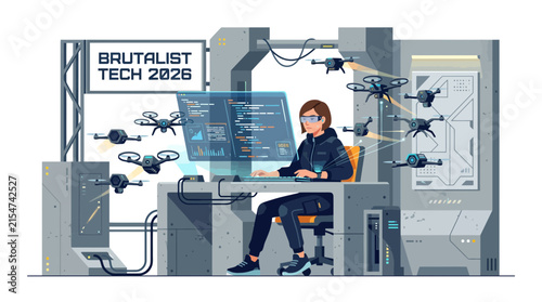 Technician controlling industrial drones in brutalist sci-fi laboratory.