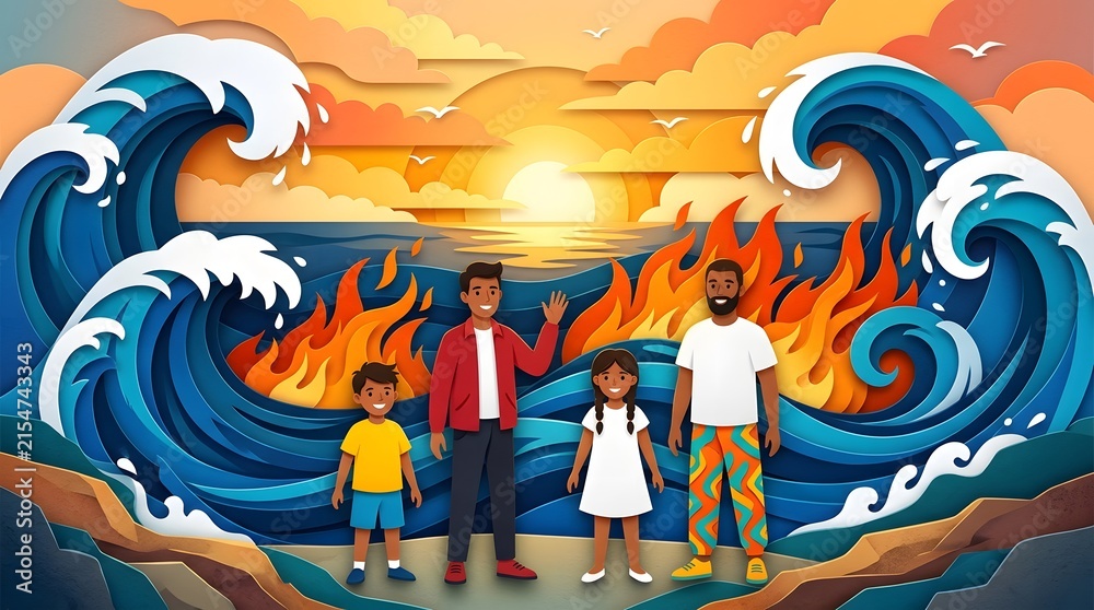 Fototapeta premium Paper craft illustration of a diverse family standing on a beach with ocean waves and fire in the background