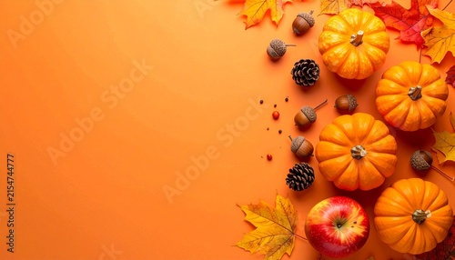 Pumpkins, apples, acorns and bright autumn leaves on an orange background with space for text, top view