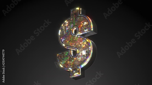 Seamless loop of 3D dollar sign made from chrome and iridescent microchip texture spinning on axis. Metallic circuit surface on black. Perfect for finance, business, and fintech design.