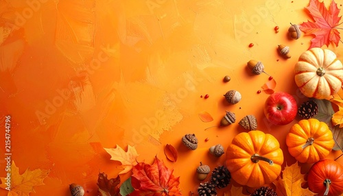 Pumpkins, apples, acorns and bright autumn leaves on an orange background with space for text, top view