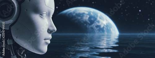 Immagine composta da una testa di robot umanoide in primo piano e uno sfondo con un pianeta e una distesa d'acqua calma