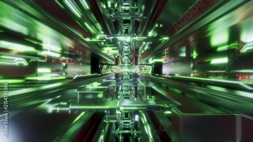 Bright green mirrored corridor reflects neon beams while the camera rockets forward; endless sci‑fi tech fly‑through. 3d render video.