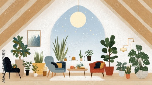 Cozy attic living room interior with indoor plants and comfortable armchairs illustration