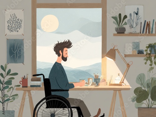 Disabled freelancer working from home office at desk with window view and indoor plants