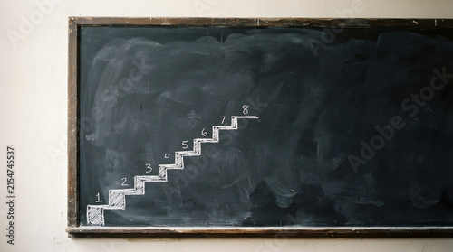 education progress staircase with numbered steps on classroom chalkboard