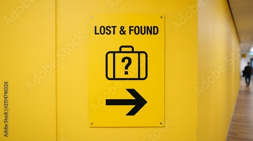 Lost and found sign with a suitcase icon and directional arrow on a bright yellow wall in a modern airport terminal