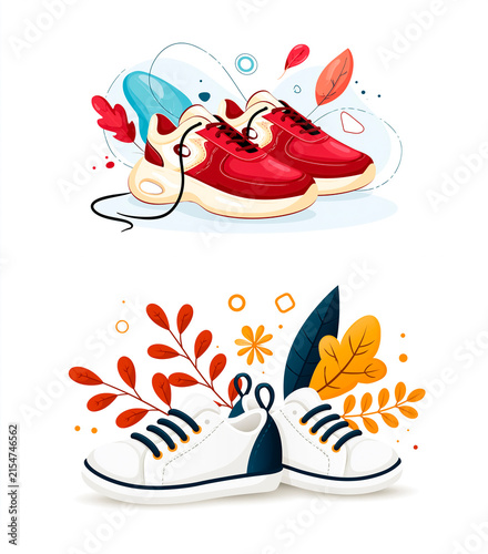 Sneakers and autumn leaves flat design on white background