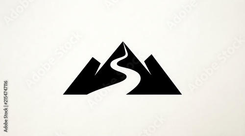 Minimalist black mountain icon with a winding path leading to the top peak for travel adventure and hiking logo