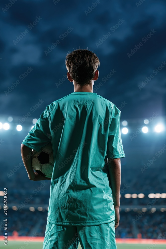 Fototapeta premium Young soccer player in stadium at night holding a ball for vertical sports background poster and banner design for youth team promotion