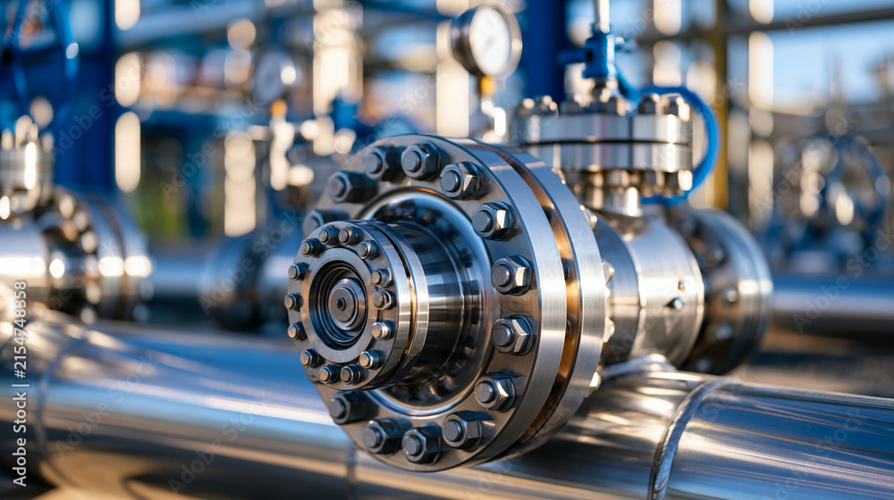Fototapeta premium Close detailed view of a massive industrial pipeline valve assembly, large steel shutoff valves, bolts, flanges and pressure gauges, bright daylight reflecting across metallic surfaces, complex oil 