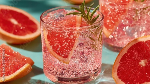 clear refreshing hard seltzer with grapefruit wedge and rosemary garnish, minimal beverage composition featuring detailed bubbles, ice, and crisp condensation 