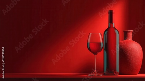 elegant wine still life with a red wine bottle and filled glass on a monochrome red background, minimal festive composition with half of the frame left empty for text, bottle without a label 
