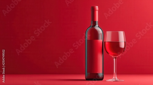 elegant wine still life with a red wine bottle and filled glass on a monochrome red background, minimal festive composition with half of the frame left empty for text, bottle without a label 