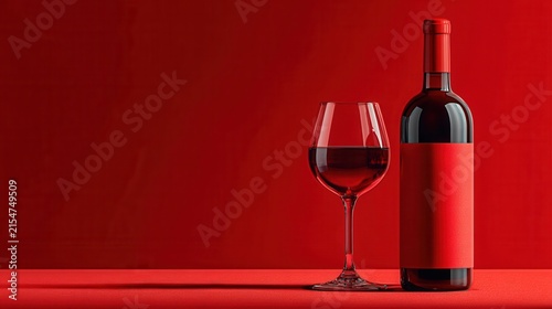 elegant wine still life with a red wine bottle and filled glass on a monochrome red background, minimal festive composition with half of the frame left empty for text, bottle without a label 