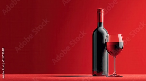 elegant wine still life with a red wine bottle and filled glass on a monochrome red background, minimal festive composition with half of the frame left empty for text, bottle without a label 