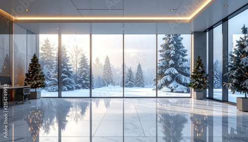 Luxury office lobby with large windows overlooking snowy forest.