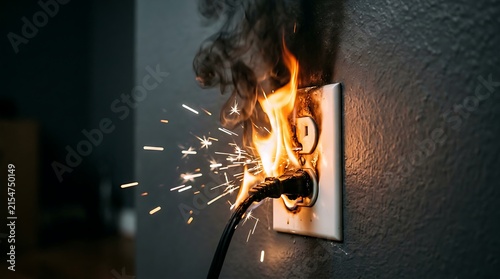 Electrical outlet sparking and catching fire with a black power cord plugged into a wall in a dark room setting