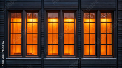 Cozy wooden cabin windows glowing warmly at dusk with soft interior light