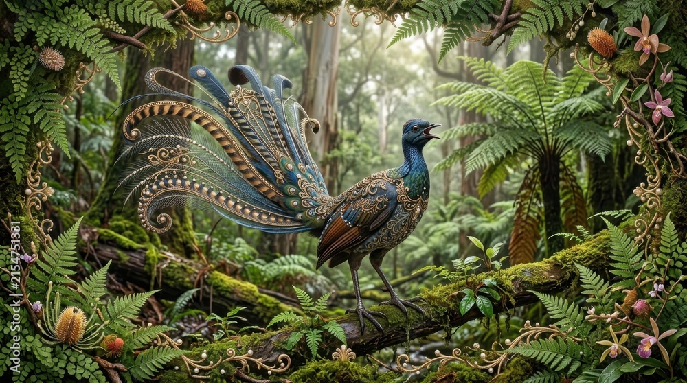 Obraz premium Superb Lyrebird Displaying Tail Feathers in Dense Rainforest