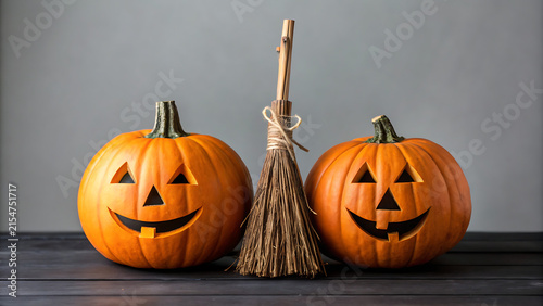 Two carved Halloween jack-o-lanterns with smiling faces beside rustic broom on wooden table