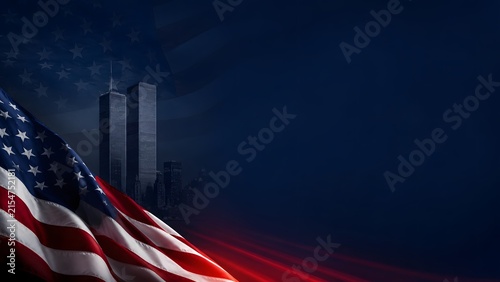 American flag with twin towers of the world trade center in new york city on a dark blue background