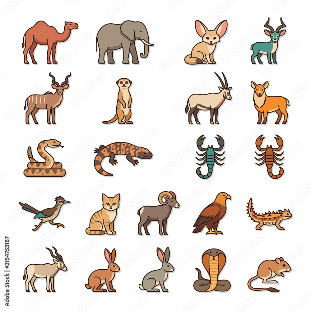 Obraz premium Colorful Illustrated Animals Flat Design Icons.