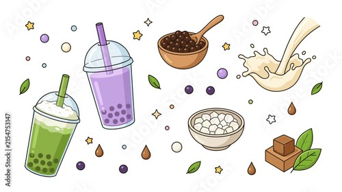 Cute Boba Bubble Tea Ingredient Vector Set with Milk Splash, Tapioca Pearls, Matcha Green Tea, Taro Drink, and Sweet Toppings