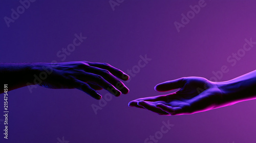 Two hands reaching toward each other in vibrant purple neon lighting. Emotional human connection concept for modern art.