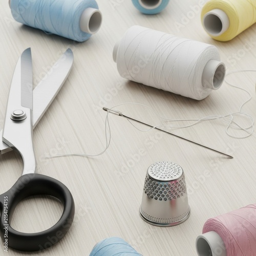 Colorful sewing supplies arranged on a light surface.