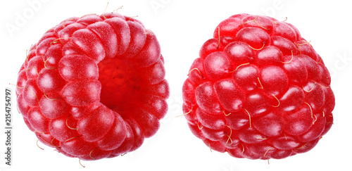 Two ripe juicy raspberries placed side by side and shown from opposite sides isolated on transparent background.
