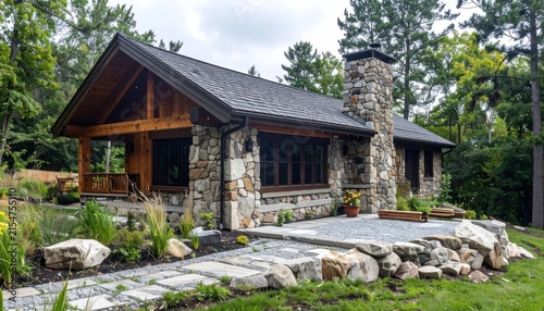 Luxury stone cottage with outdoor stone patio and landscaping.