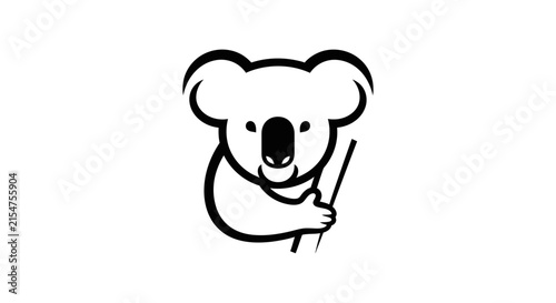 Simple black and white koala icon illustration, cute Australian marsupial hugging a tree branch, minimalist vector graphic.