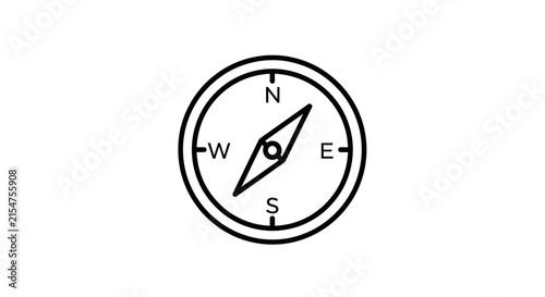 Minimalist black and white line art compass icon. Simple outline symbol for navigation, direction, travel, and adventure concepts.
