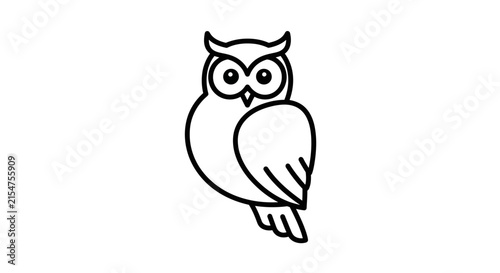 Minimalist Black and White Line Art Owl Illustration. Simple Outline Vector Icon of a Cute Cartoon Bird, Symbol of Wisdom.