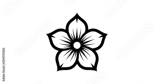 Minimalist black and white flower icon, five petal line art illustration, elegant floral vector design element, simple outline