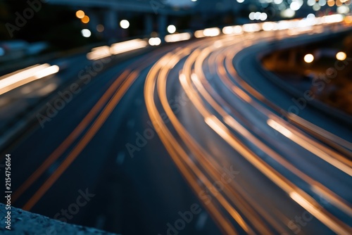 The Curved Highway at Night with Long Exposure Light Streaks