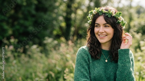 Young woman smiling in a green sweater wearing a clover crown outdoors  