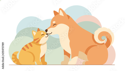 Heartwarming illustration of a small ginger cat and a large dog touching noses against a soft colorful background.