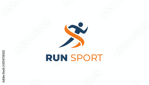 Sport and running logo design featuring an athlete icon with an orange swoosh element and bold blue and orange Run Sport text.