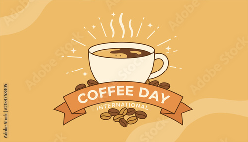 International Coffee Day promotional logo features a steaming white cup of coffee sitting atop a ribbon and several brown beans.