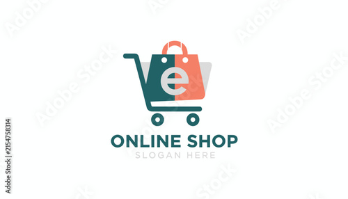 Online shop logo design featuring a shopping cart with a colorful shopping bag and a letter e in the center on a plain white background.
