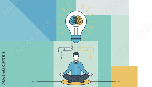 Illustration of a person in a meditation pose with a bright light bulb above their head containing a brain and gear icons for ideas.