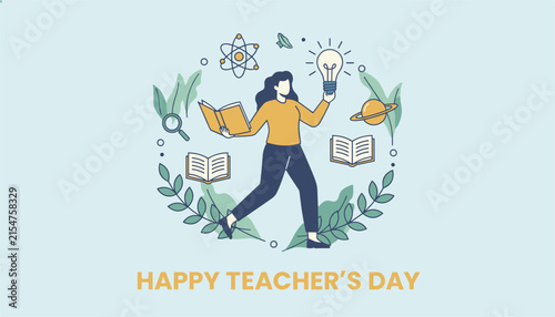 Happy Teacher's Day illustration with a female teacher holding a book and light bulb surrounded by various educational and school icons.