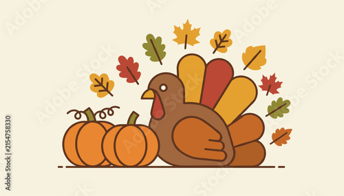Thanksgiving holiday illustration featuring a turkey with colorful feathers, two pumpkins, and autumn leaves on a light background.