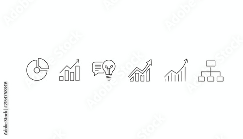 Minimalist set of business and financial line icons including pie charts, bar graphs, a light bulb, and an organizational chart.