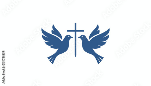 Religious blue cross symbol placed between two flying blue doves on a white background representing peace, faith, and harmony.