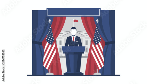 Illustration of a politician or government official speaking at a podium with American flags and the White House in the background.