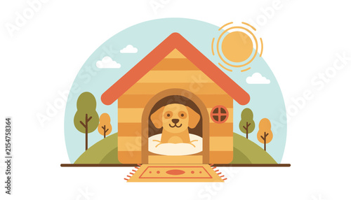 Cute brown dog sitting inside a wooden doghouse with hills, trees, and a bright sun in the background of a simple landscape.